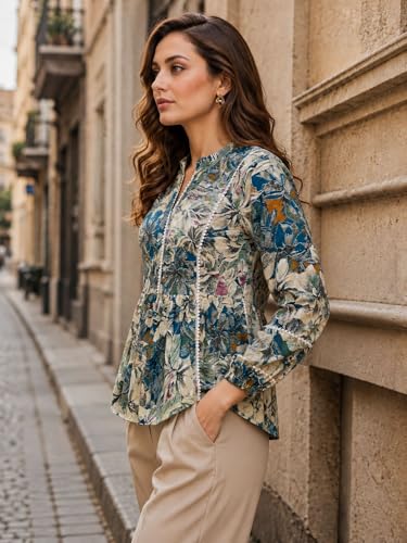 Image of Amazon Brand - INKAST Women Floral Regular Fit Tops | Blouse | Elasticated Cuffs | Shirt