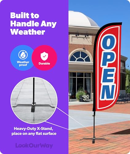 Image of LookOurWay Feather Flag Set - 5ft Tall Advertising Banner Flag with Pole Kit and X-Stand for Business Promotion - Open Red /Blue