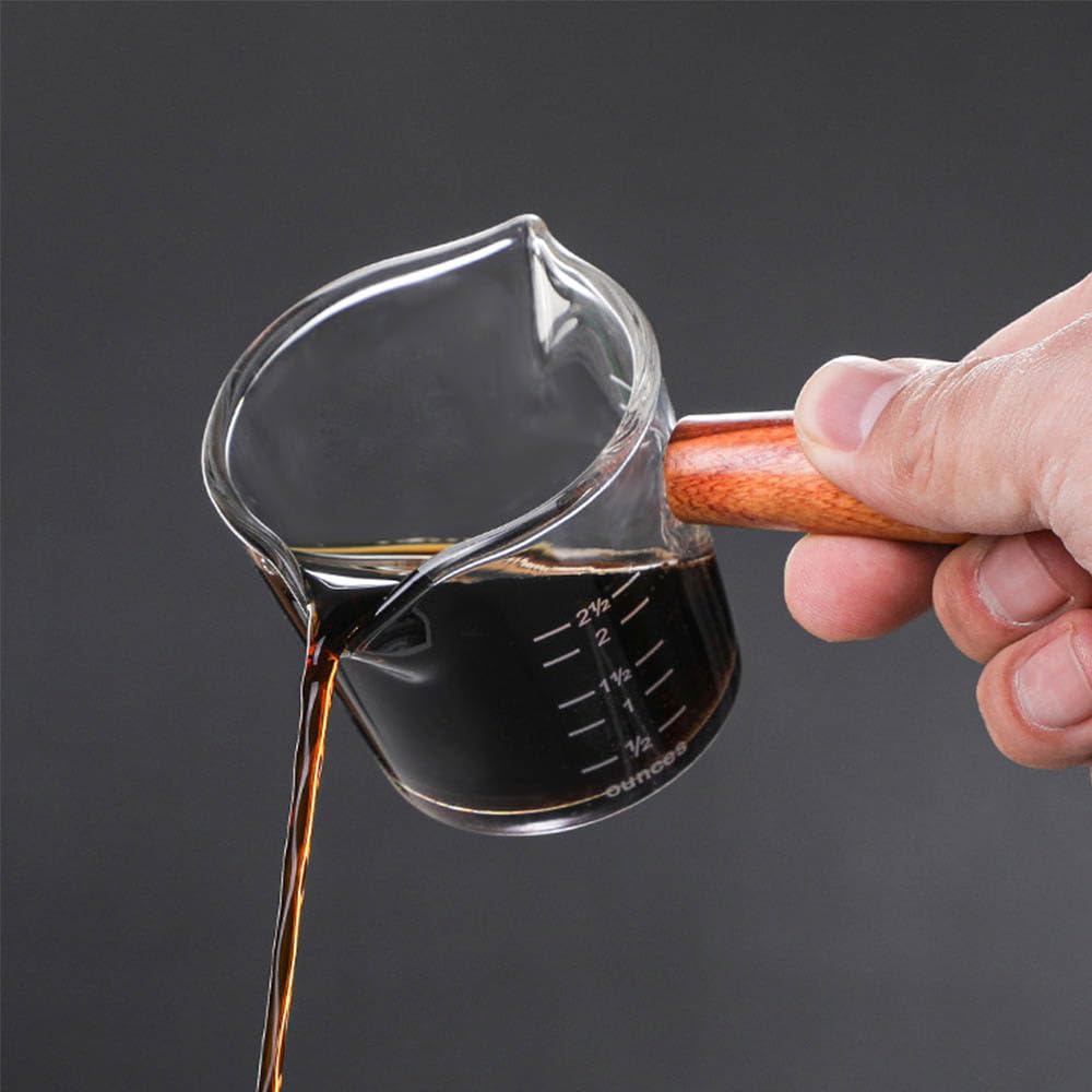 Espresso Glass Pomiar Cup,Espresso Shot Glass,Podwójna wylewka Akcesoria do espresso z drewnianym uchwytem Jako dozownik do kawy Mleko lub Sos