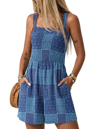 Image of Lepunuo Womens Rompers for Summer Casual Smocked Jumpers Overalls Square Neck Jumpsuits with Pockets Beach Vacation