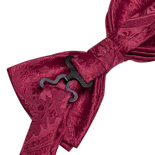 Image of Hi-Tie Bow Tie Men Pre Tied Bowtie Pocket Square Cufflinks Lapel Pin Formal Wedding Bow Ties for Men Party Tuxedo Bowtie Set,Wine Red Paisely Floral