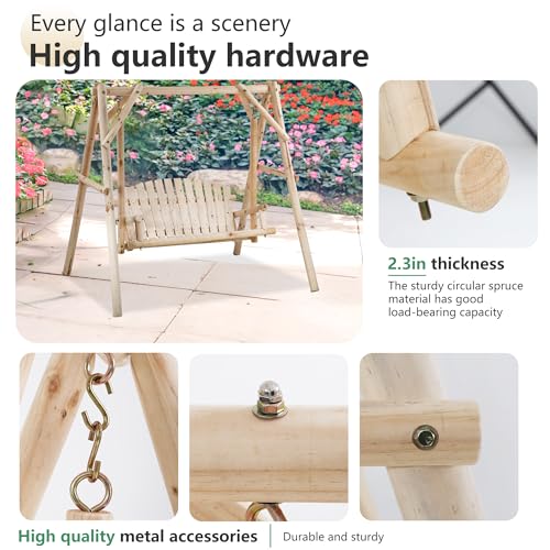 Paylesshere LS-WD7769-NATURE+LS-WD8835-NATURE Porch Swing With Stand Log Swing Stand 67 Inch Wooden Porch Swing A-Frame Backyard Swing Chair Outdoor Rustic Curved Garden Swing Bench thumb #3
