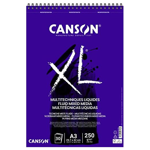 Canson XL, Papel fluido Mixed Media, Suave, 250g, Espiralados sobre el lado corto, A3-29,7x42cm, Extra Blanco, 30 Hojas