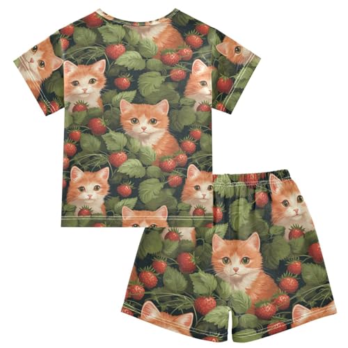 ALAZA Strawberry Cute Cats Pajama Set Short Sleeve Sleepwear Soft Lounge Nightwear2