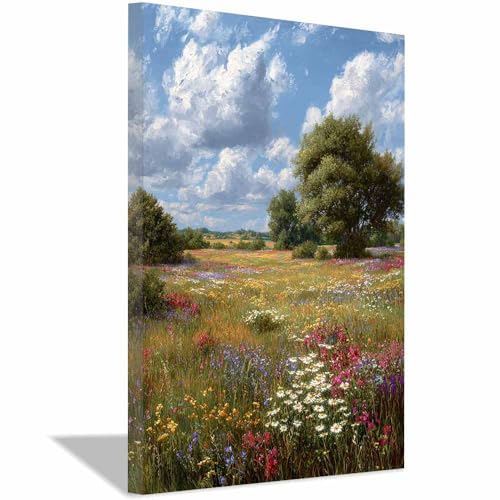 Poster Mural Nature Nuages et Champ de Fleurs Décoration Salon 40x60cm Encadrée