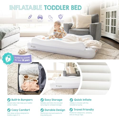 Image of Regalo Inflatable Toddler Travel Bed with Safety Rail Bumpers, Portable Toddler Air Mattress with Pump & Carry Bag, Foldable Kids Bed for Travel, Camping & Sleepovers, Ages 2-5