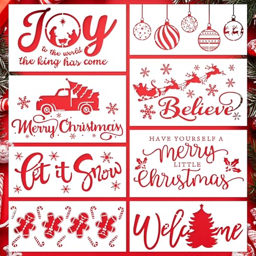 8 Pcs Large Christmas Stencils for Crafts Reusable Christmas Rub on Transfers Painting Crafts Xmas Stencils for Painting On Doormat Wood Wall Decor (Classic.8)