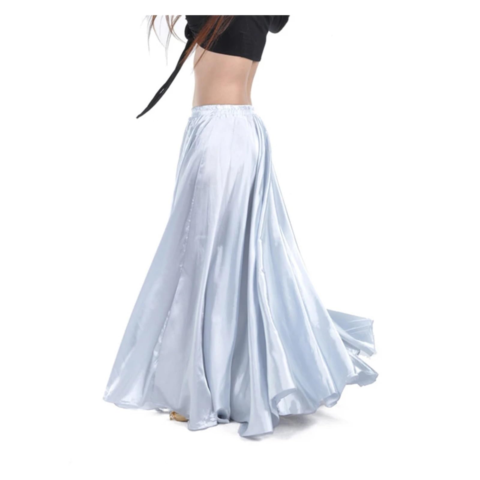 Jupe Longue Femme Jupe de Danse du Ventre en Satin Brillant, Longue Jupe espagnole, Jupe de Danse Swing, Jupe de Soleil, Robe féminine, Costume de Performance sur scène(Silver)