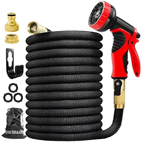 ONEBRAND Expandable Garden Hose Pipe 100FT/30M | Upgraded 10 Modes Function Water Spray Gun | Durable 3450D Weave & 3/4" & 1/2" Solid Brass Connectors | No-Kink Flexible Water Hose | With Bag and Hook Cover