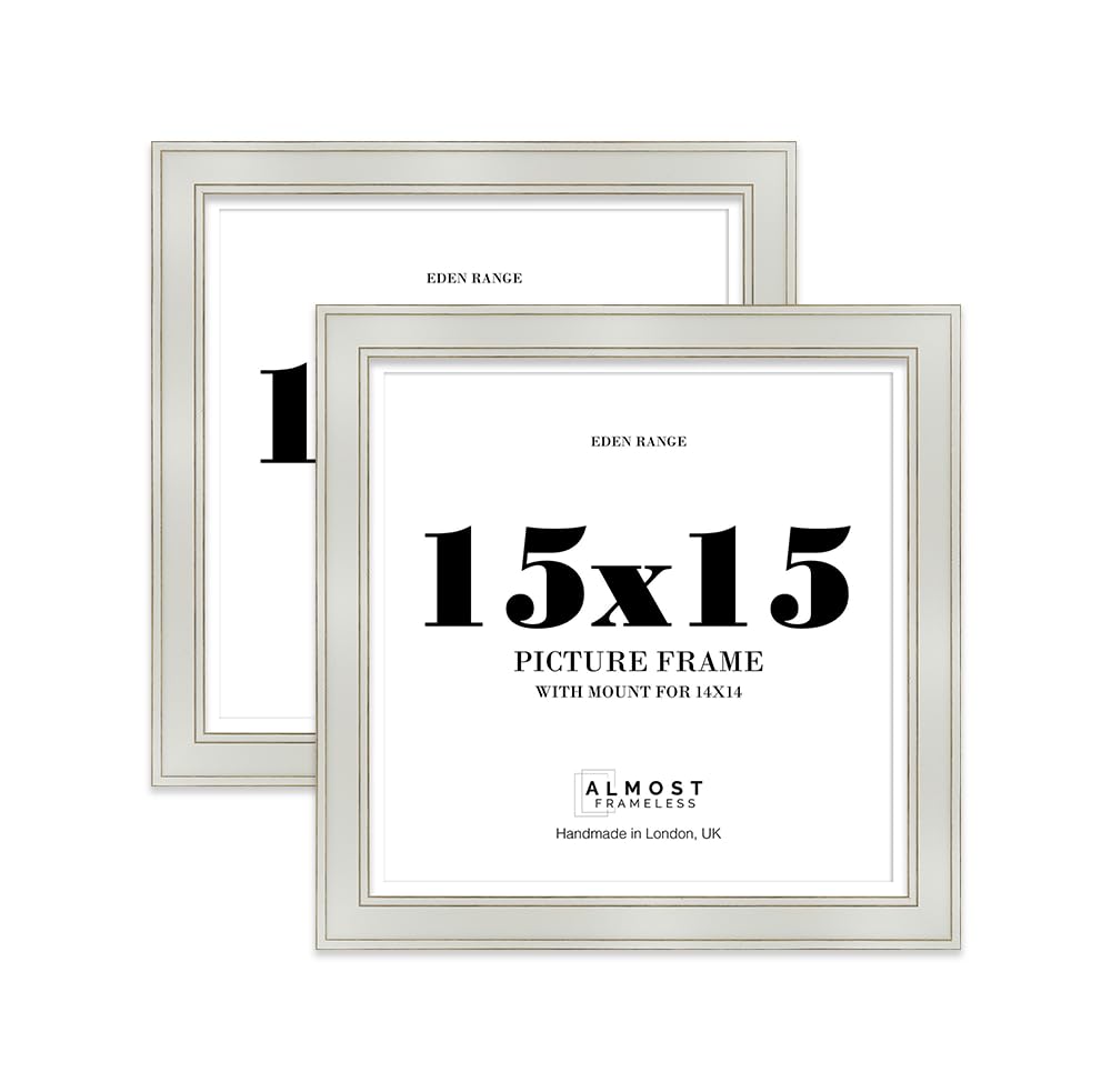 15x15" Light Grey Square Picture Frame with 14x14" Mount - Shabby Chic Photo Frame with Distressed Finish, Gold Trim, Wall Hooks, 37mm Edge - 2 Pack