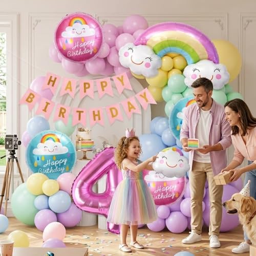 Image of Set of 59 Pcs Happy 4th Birthday Decoration Kit with Number 4 Foil Balloon, Rainbow Theme, Fourth Birthday Decoration for Baby Boy and Baby Girl Decorative Items