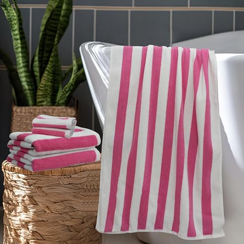 Image of ORIGINAL KIDS 6 Piece Towel Set - Cabana Stripe - Rugby Stripe - 2 Bath Towels, 2 Hand Towels, 2 Washcloths - 100% Cotton - Soft Absorbent Quick Dry Durable Pool Shower Beach - Gift - Pink White
