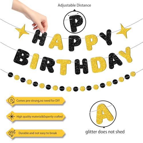 Image of Black and Gold Happy Birthday Banner-Happy Birthday Decorations for Men Women Boys Girls Glitter Garland Birthday Sign for 30st 40st 50th 60st Party Decor, Backdrop Supplies