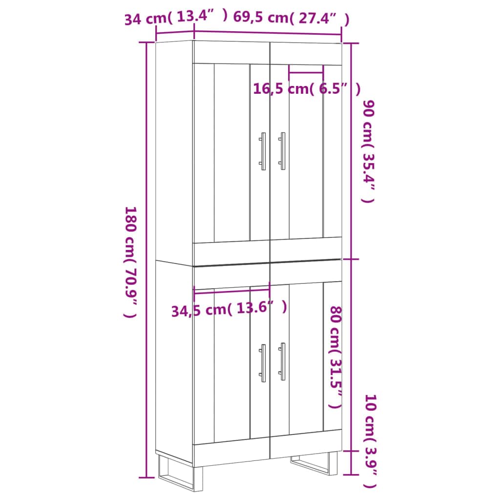 Meuble haut blanc en bois 69,5 x 34 x 180 cm avec pieds en fer, armoire de rangement pour salon, chambre à coucher, couloir, commode moderne, buffet avec portes et étagère