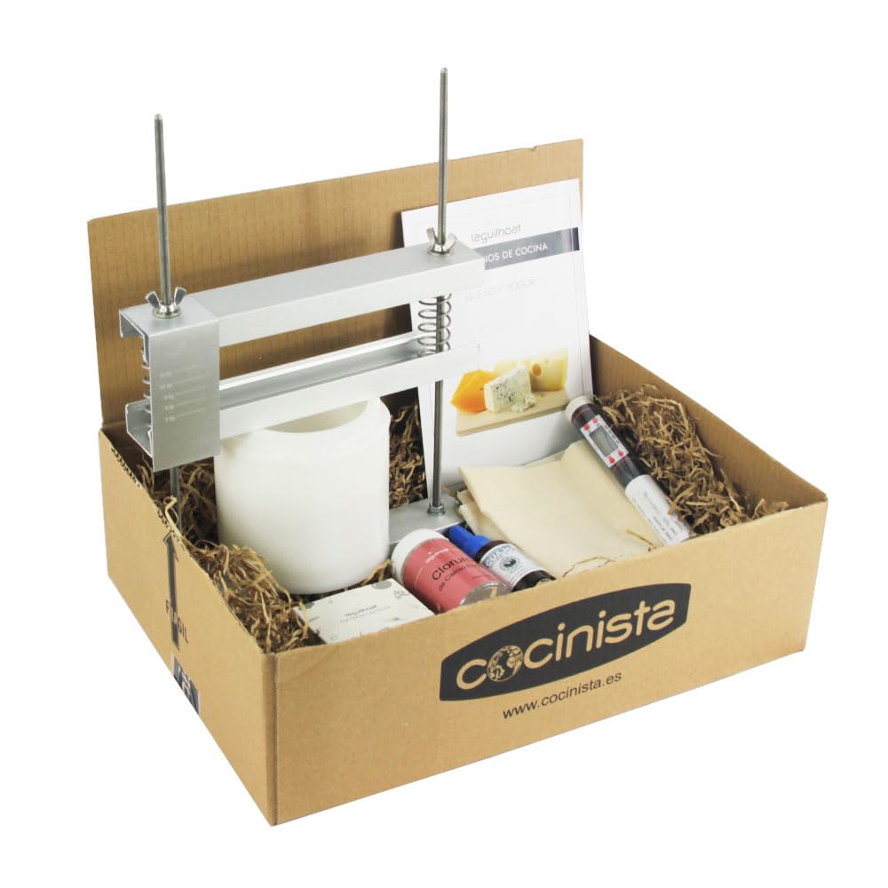 Cocinista Kit para Hacer Queso Manchego en Casa con Prensa, Molde con Pleita y Fermentos Incluye Cuajo, Cloruro Cálcico, Tela y Termómetro Guía Paso a Paso