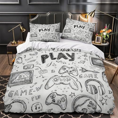 TNSGHAVED Arte de Videojuegos Funda de Edredón Juego de 3 Piezas Diseño 3D Cierre de Incluye Fundas de Almohada Garabatos de Juegos Dibujados a Mano Funda Edredon for Ancianos Single（140x200cm）