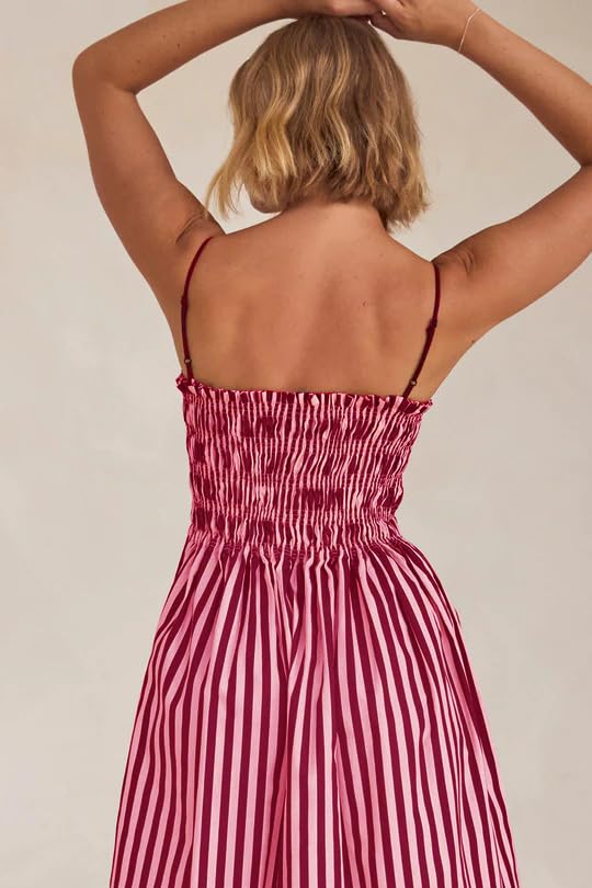 Image of KMBANGI Women Striped Sleeveless Maxi Dress Swing Patchwork Midi Dress Smocked Spaghetti Strap Colorful Long Sundress