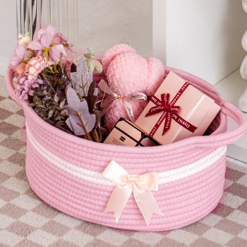 Image of Gift Baskets Empty, Small Woven Rope Storage Basket with Bow and Ribbons and Gift Wrap, Bowknot Decorative Gifts Basket with Handles, DIY Storage Organizer Basket for Wedding Graduation, Pink