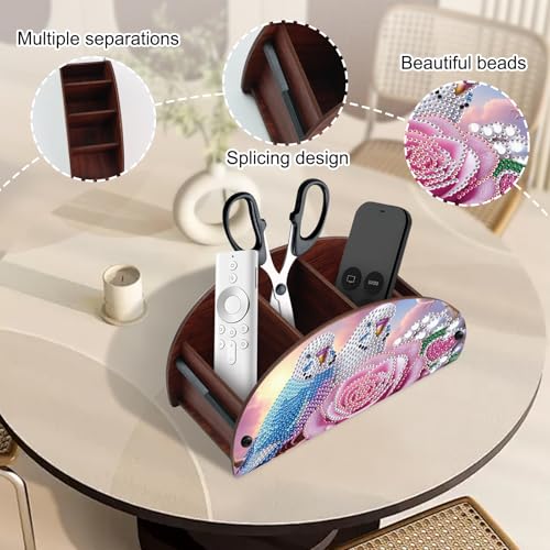 Image of DIY Diamond Painting Tabletop Holder Lovebirds and Rose Design Handmade 5D Diamond Art Storage Box for TV AC Remotes Makeup Brushes Office Desktop Craft Valentine's Day Gift