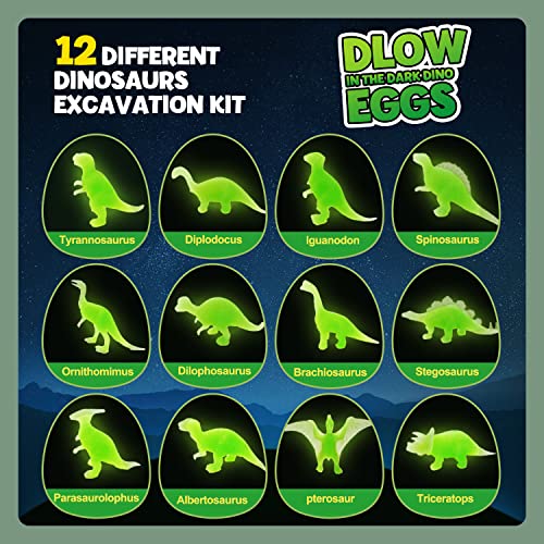 Dr.Daz - Oeufs de Dinosaure Fluorescent Kit de Fouille 12 Pack, Découvrez 12 Dinos Différents, œuf de Dino Jouet D'archéologie Fête de Pâques Jouets STEM Jouets éducatifs pour Enfants