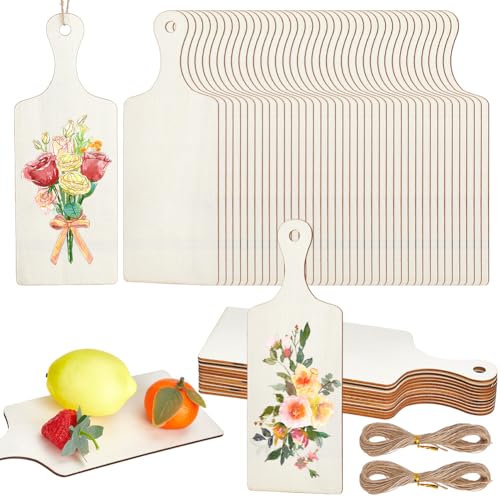 PH PandaHall 40 mini tablas de cortar de madera con mango de 9.4 x 3.5 pulgadas para manualidades, tablas de manualidades sin terminar con cuerda de yute de 20 m para bricolaje, cocina, Acción de