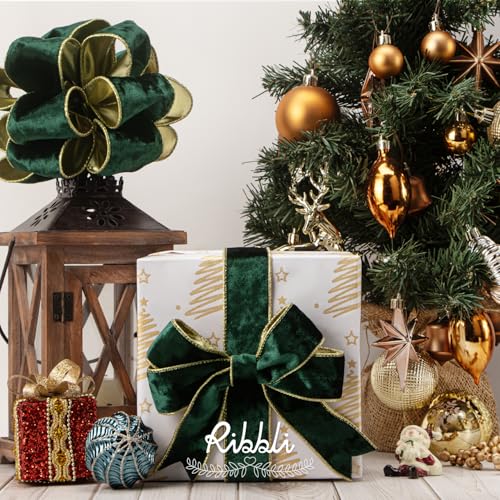Image of Ribbli Forest Green Velvet Wired Ribbon 2.5 Inch Metallic Dark Green Gold Crushed Velvet Christmas Ribbon for Gift Wrapping Christmas Tree Decoration Crafts Wreaths Supplies-Continuous 10 Yards