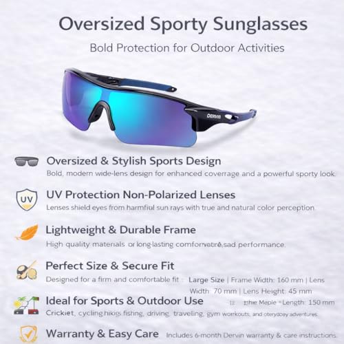 Image of Dervin Non Polarized Oversized Sports Sunglasses for Men Women, Outdoor Cricket Cycling Hiking Fishing Sunglasses
