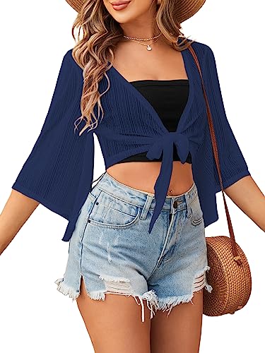 ZAFUL Women's Cropped Bolero Sheer Shrugs for Dress Short Sleeve Tie Front Cardigan