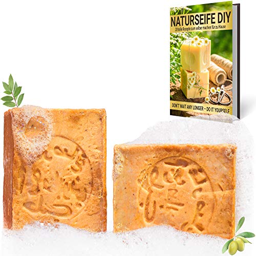 tom&pat® Originele Aleppo-Zeep (2x 200g) + E-BOEK: NATUURZEEP DIY, Aleppo Zeep met 80% olijfolie & 20% laurierolie, lichaamszeep, douchezeep, haarzeep, scheerzeep, pH-neutraal, traditioneel handgemaakt