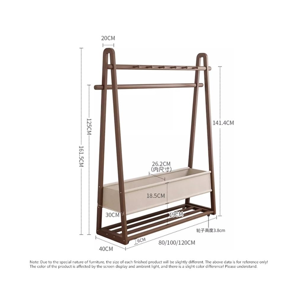 Massivholzgarderobe mit Rollen, mobiles Aufbewahrungsregal für Eingangsbereich und Schlafzimmer, Hängeorganizer mit Stofftasche, höhenverstellbar, Walnussholz-Finish, kleine Größe