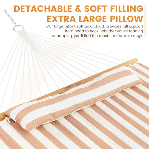 Image of Lazy Daze 12 FT Quilted Double Hammock with Spreader Bar, 2-Person, Outdoor Hammock for Patio, Poolside, Backyard, Beach, 450 lbs Capacity, Beige White
