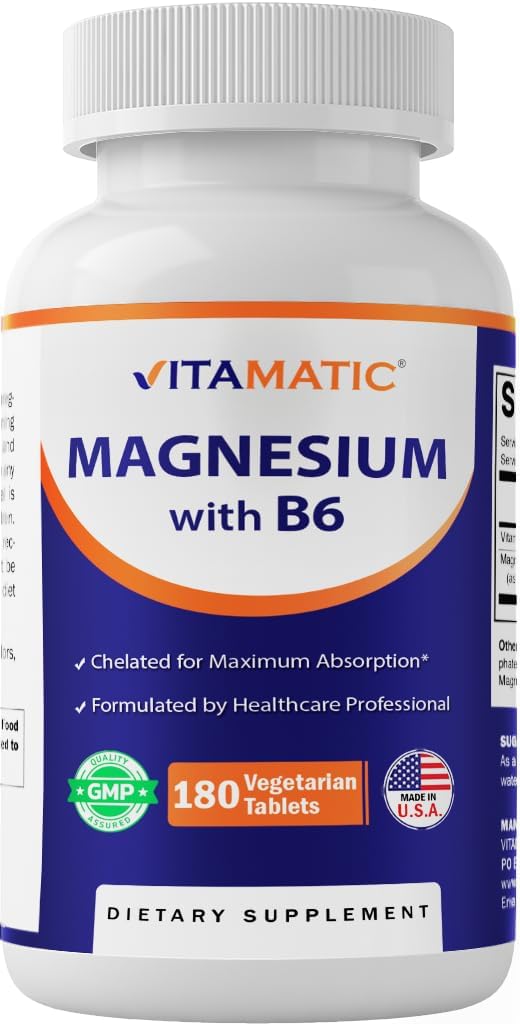 Vitamatic Magnesium with B6-180 Vegetarian Tablets (Uncoated) – Added B6 for Maximum Absorption – Supports Muscle, Joint, and Heart Health