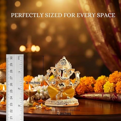 Image of Gold Plated Ganesh Idol | Ganpati Murti for Car Dashboard, Office Desk, Hindu God Gift & Home Decor - Resin (Gold & Yellow)