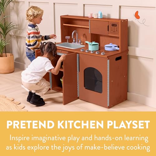 Image of Back2School Express Chef's Station Kids Pretend Play Kitchen, Wooden Playset, Dark Walnut