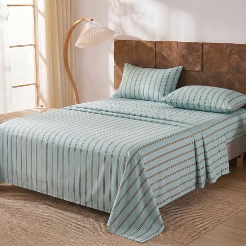 Image of Merryword Green and Orange Striped Sheet Set Queen Size - 100% Cotton Striped Bedding 4 Pieces, Soft Breathable Percale Weave, 17.5 inch Deep Pocket, Luxury Linen Like, All Season Comfort