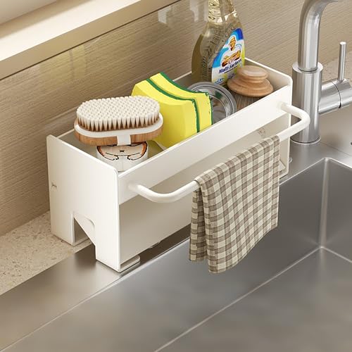 床置きキッチンラック - シンク上排水ラック、整理収納、スポンジ、ブラシ、食器用洗剤、シンクプラグ、雑巾ラック付き石鹸ホルダー用のキッチンシンク、キッチンとバスルームの整理用の厚いステンレススチール製自動排水トレイ (白)