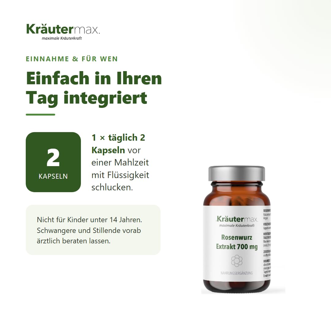 Kräutermax Rosenwurz Kapseln Hochdosiert, Rhodiola Rosea Nahrungsergänzung mit 700 mg Extrakt, Vegan, 100 Stück