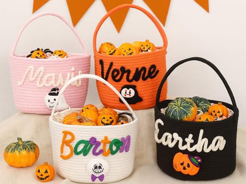 Personalized Halloween Basket Custom Cotton Rope Pumpkin Basket with Name Trick-or-Treating Candy Tote Boo Bucket Halloween Gifts Basket for Kids & Adults