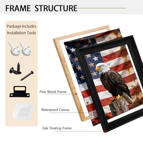 Image of American Flag Framed Canvas Wall Art, 4th of July Red White Blue Canvas Prints, USA Flag with Bald Eagle Patriotic Decorations, Vintage Independence Day Wall Decor for Bedroom Living Room 12x16