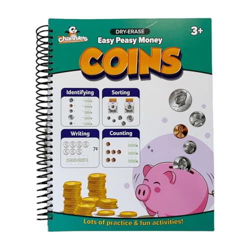Channie's Easy Peasy Dry Erase Money Book - Fun Toddler Activity Book - Teaches Counting Coins for Kids Ages 3-5/6-8 - Pennies, Nickels, Dimes, Quarters - Money Workbooks for Kids - 65+ Pages