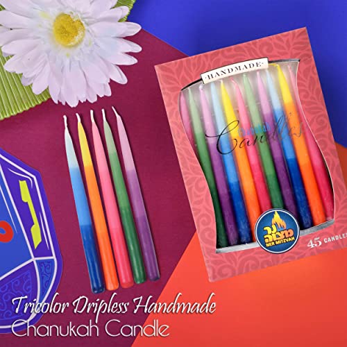 Nermitzvahdriplesschanukahcandlesstandardsizetricoloredhanukkahcandlesfitsmostmenorahspremiumqualitywaxforall8nightsofhanukkahcount45  Urban Country Home Decor Ner mitzvah dripless chanukah candles standard size tri colored hanukkah candles fits most menorahs premium quality wax for all 8 nights of hanukkah count 45  urban country home decor