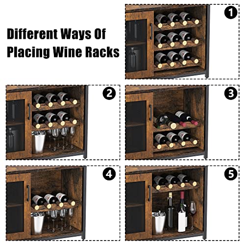 GarveeHome 3-Tier Wine Bar Cabinet with LED Lights & Wine Rack, Liquor Cabinet with Storage, Coffee Bar Cabinet with Glass Holder & Mesh Door, Sideboard Buffet Bar for Living Room, Dining Room, Brown
