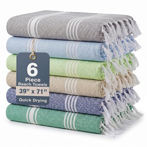 Casa Platino Turkish Beach Towels Set of 6 Lightweight and Soft Quick Dry Towels Pre-Washed and Sand Free Ideal for Travel Summer Vacations Family Trips or Resort Pool Use 39x71 Beach Grass