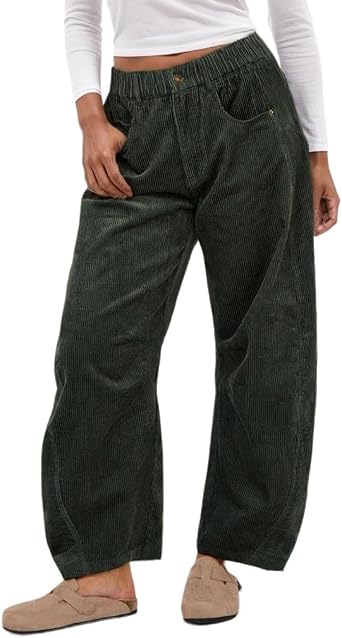 Womens Vintage Corduroy Mid-Rise Barrel Pants Elastic Waist Wide Leg Baggy Pants Trendy Casual Trouser