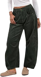 Womens Vintage Corduroy Mid-Rise Barrel Pants Elastic Waist Wide Leg Baggy Pants Trendy Casual Trouser