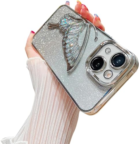 Image of SHINESTAR 3D Butterfly Case for iPhone 13 Cover, Cute Girly Glitter Bling Luxury Back Cover for Women Girls Protective Shockproof Slim Camera Protection (or iPhone 13 - Silver