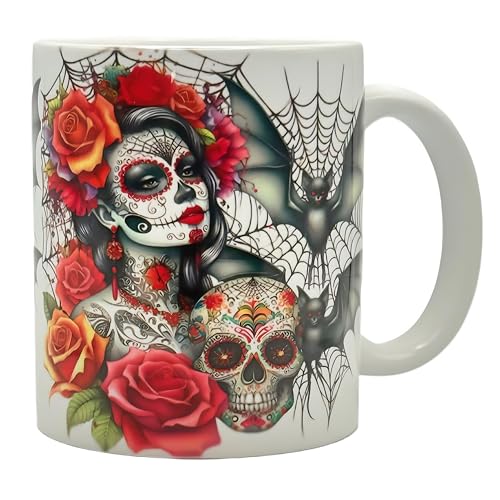 Shopi Zone Caneca cerâmica Catrina com caveira e morcegos: arte mexicana com estilo gótico e flores coloridas