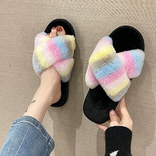 Women's Multicolor Fuzzy Fluffy Slippers Comfy Cross Band House Shoes Memory Foam Open Toe Indoor Outdoor Sandals Gifts for Ladies4