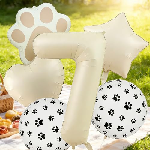 Image of 7th Birthday Dog Paw Balloons Set,18'' Paw Prints, Heart,Star,Paw Shaped Foil Balloon 40 Inch Cream Number 7 Helium balloons for Puppy Themed Third Anniversary Birthday Party Decorations Supplies 6PCS