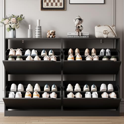 Image of Xixini Shoe Storage Cabinet for Entryway with 4 Flip Drawers, Sturdy Wood Hidden Shoe Storage, Freestanding Narrow Slim Shoe Organizer for Front Door Entrance, Living Room, Hallway, Bedroom, Black